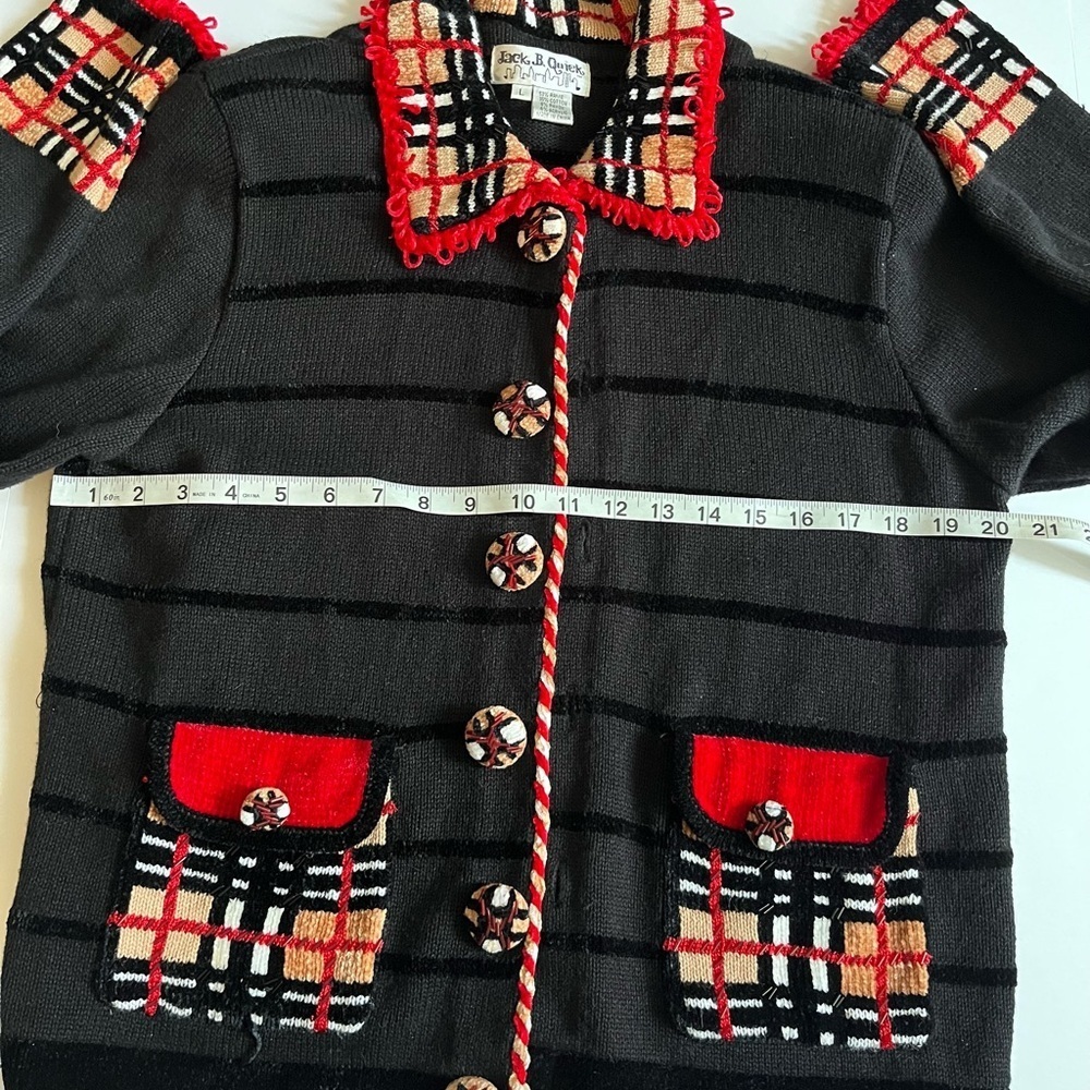 Vintage Jack B Quick Whimsical Retro Black Cardigan Candy Cane plaid multi trim - Picture 7 of 8
